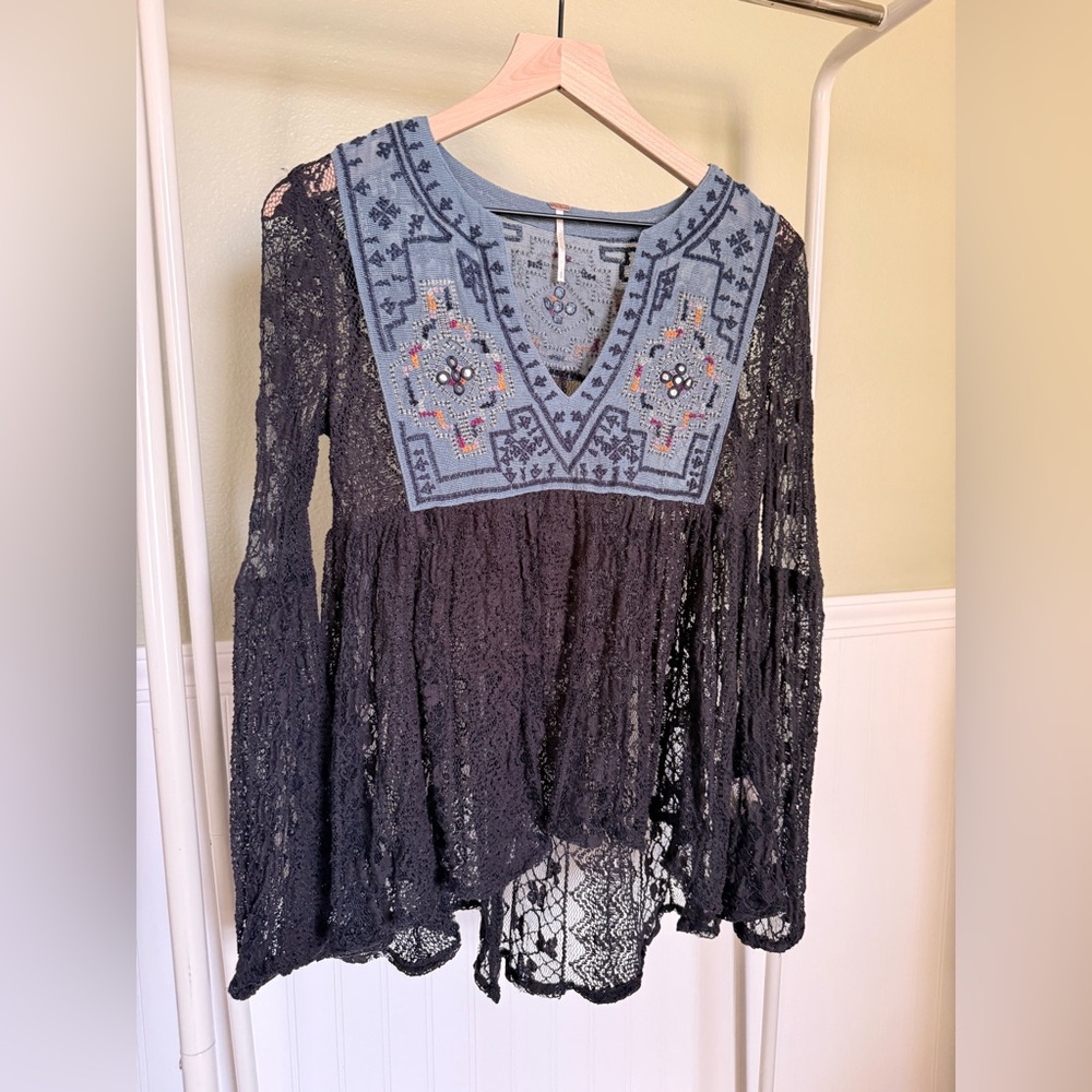 Free People Black Lace Blouse with Blue Embroidery - Picture 3 of 7